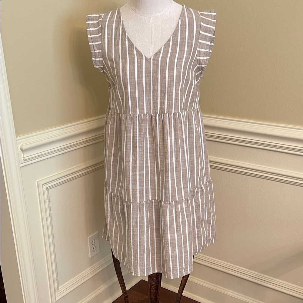 ICHI Brand Brown and White Striped Linen Dress. Cool fit for summer! size 36